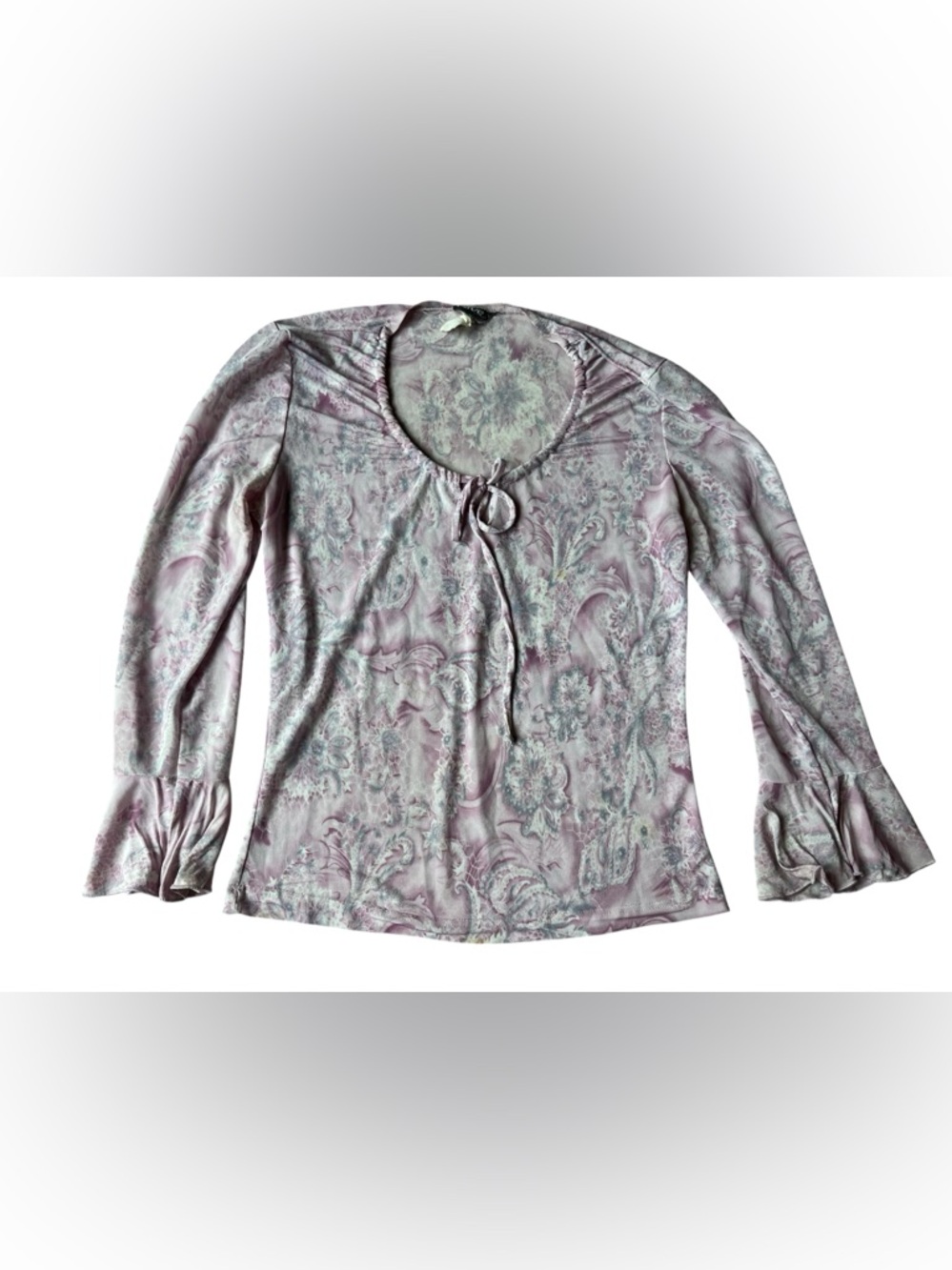 VINTAGE 90S RAVE PASTEL PINK PAISLEY BELL SLEEVE TOP MEDIUM WOMENS